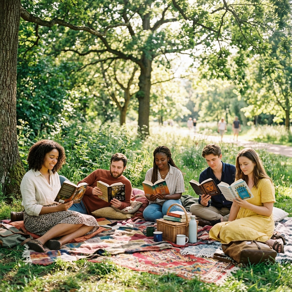 People reading physical books in a park